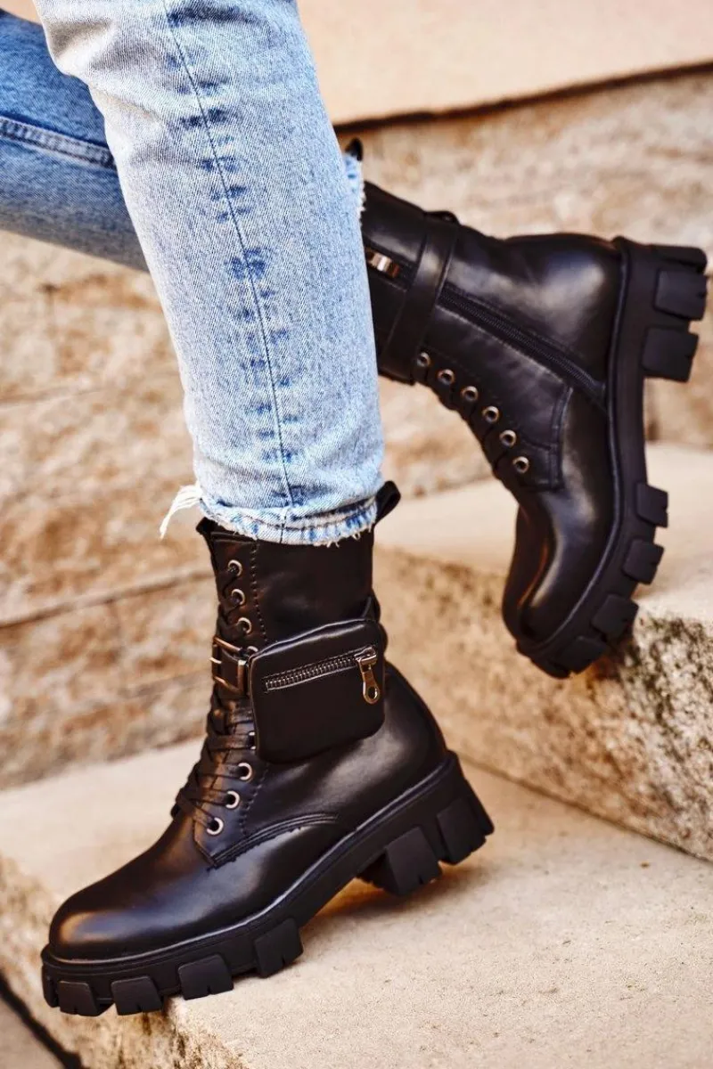 Botki Sznurowane|Czarne Botki>Damskie buty S.Barski Botki Damskie Na Platformie Ocieplane Czarne Verdem