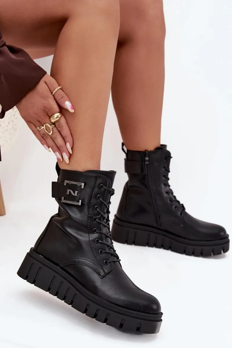 Botki Ocieplane|Botki Sznurowane>Boto Botki Damskie Na Platformie Z Ozdobnym Detalem Ocieplane Czarne Lyrana Czarny