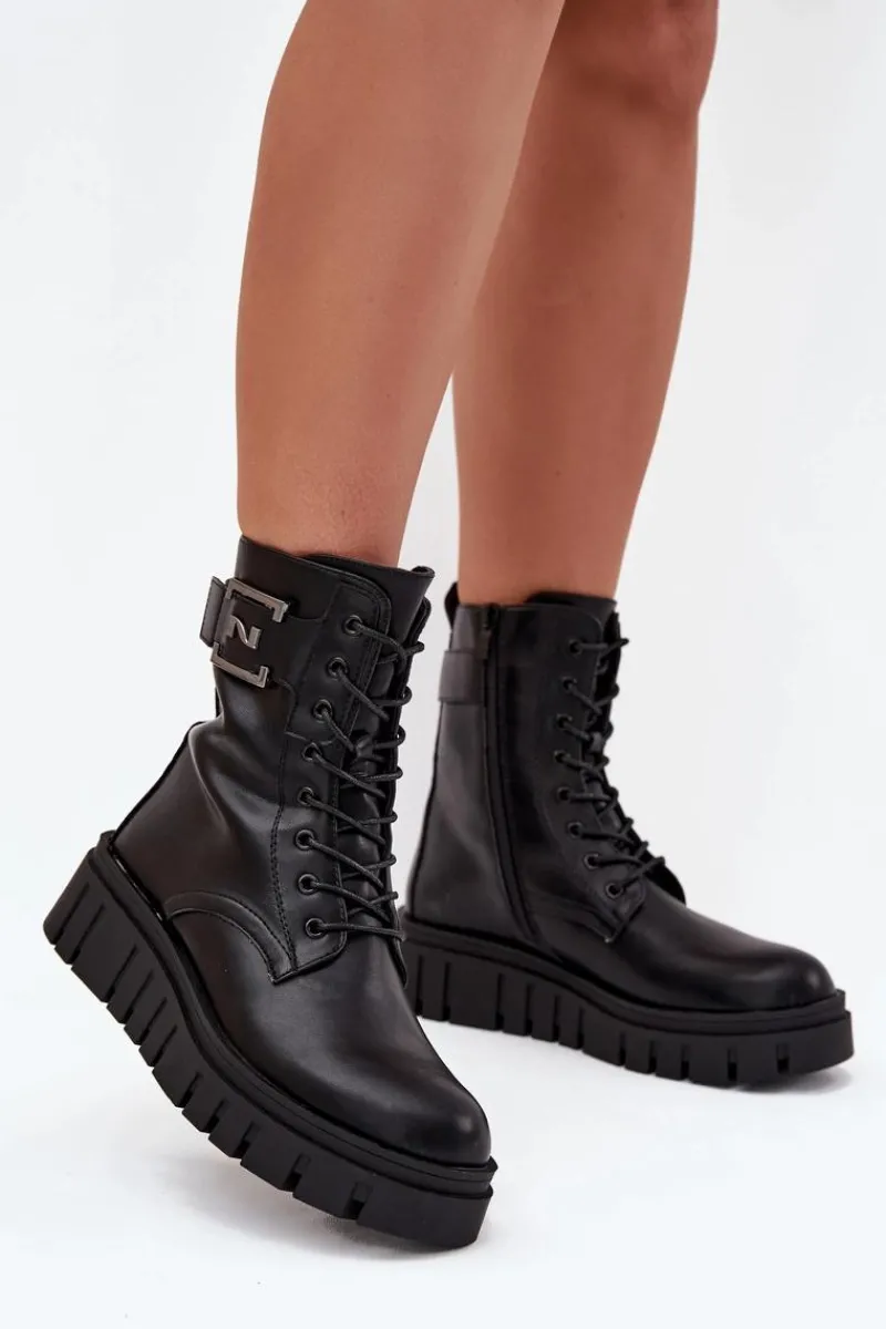 Botki Ocieplane|Botki Sznurowane>Boto Botki Damskie Na Platformie Z Ozdobnym Detalem Ocieplane Czarne Lyrana Czarny