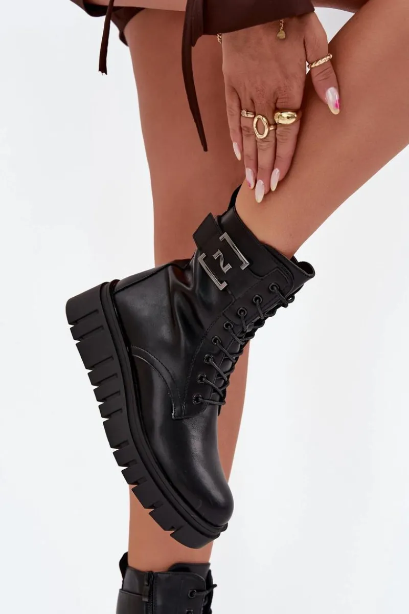 Botki Ocieplane|Botki Sznurowane>Boto Botki Damskie Na Platformie Z Ozdobnym Detalem Ocieplane Czarne Lyrana Czarny