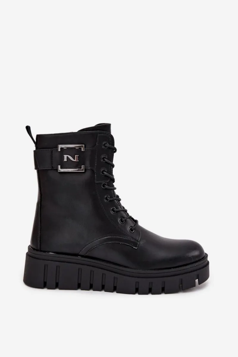 Botki Ocieplane|Botki Sznurowane>Boto Botki Damskie Na Platformie Z Ozdobnym Detalem Ocieplane Czarne Lyrana Czarny