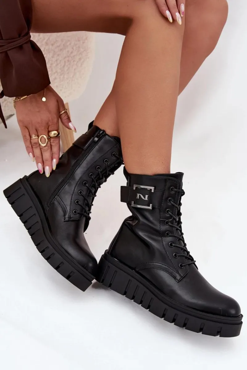 Botki Ocieplane|Botki Sznurowane>Boto Botki Damskie Na Platformie Z Ozdobnym Detalem Ocieplane Czarne Lyrana Czarny