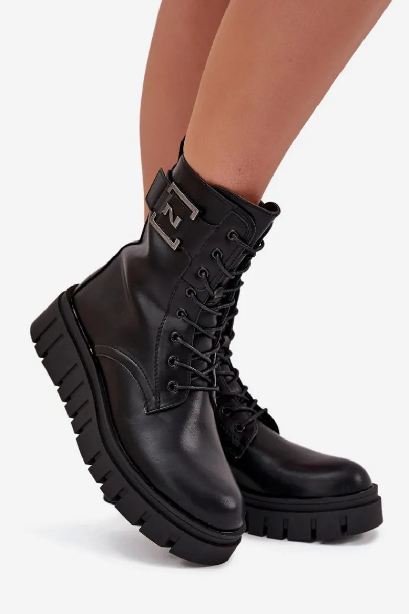 Botki Ocieplane|Botki Sznurowane>Boto Botki Damskie Na Platformie Z Ozdobnym Detalem Ocieplane Czarne Lyrana Czarny