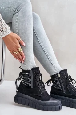 Outlet Botki Damskie Na Platformie Z Ozdobnym Sznurowaniem Czarne Edidda Damskie Damskie Trapery|Botki Sznurowane