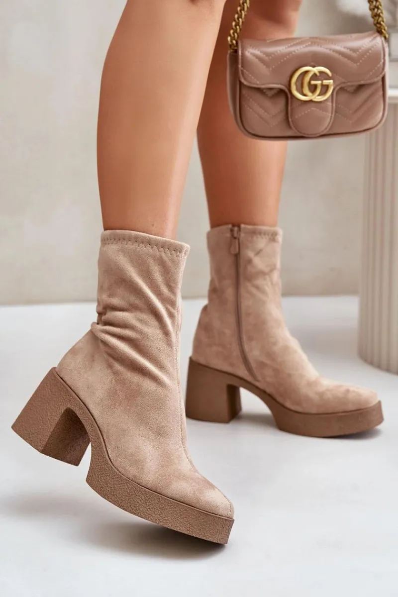 Botki Zimowe Damskie|Brązowe I Beżowe Botki>Damskie buty S.Barski Botki Damskie Na Platformie I Masywnym Obcasie S.Barski HY42-739 Beżowe