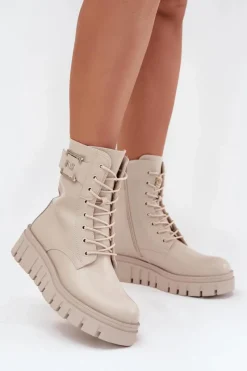 Outlet Boto Botki Damskie Na Platformie Z Ozdobnym Detalem Ocieplane Jasnobeżowe Lyrana Beżowy