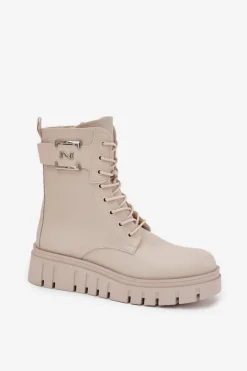 Outlet Boto Botki Damskie Na Platformie Z Ozdobnym Detalem Ocieplane Jasnobeżowe Lyrana Beżowy