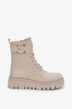 Outlet Boto Botki Damskie Na Platformie Z Ozdobnym Detalem Ocieplane Jasnobeżowe Lyrana Beżowy