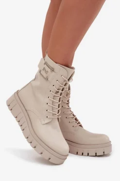 Outlet Boto Botki Damskie Na Platformie Z Ozdobnym Detalem Ocieplane Jasnobeżowe Lyrana Beżowy