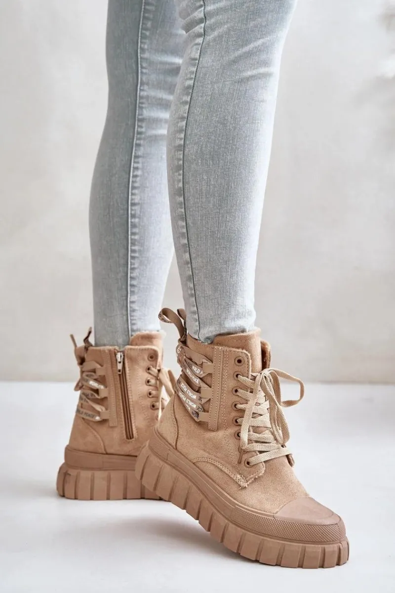 Botki Ocieplane|Damskie Trapery>Evento Botki Damskie Na Platformie Z Ozdobnym Sznurowaniem Brązowe Edidda