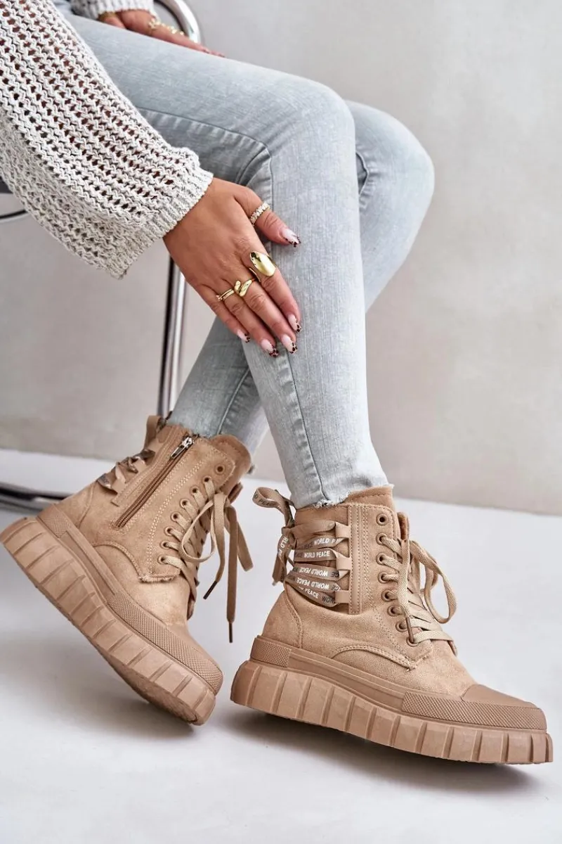 Botki Ocieplane|Damskie Trapery>Evento Botki Damskie Na Platformie Z Ozdobnym Sznurowaniem Brązowe Edidda