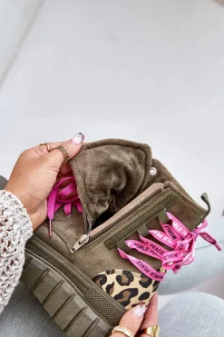 Outlet Evento Botki Damskie Na Platformie Z Ozdobnym Sznurowaniem Panterka Zielone Edidda Zielony