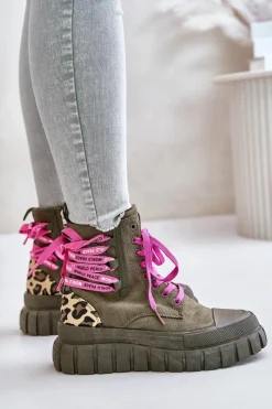 Outlet Evento Botki Damskie Na Platformie Z Ozdobnym Sznurowaniem Panterka Zielone Edidda Zielony
