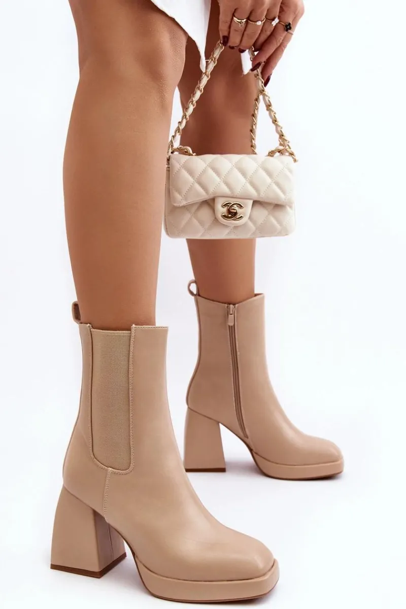 Hot Botki Damskie Na Platformie I Obcasie Beżowe Stelares Damskie Botki Ocieplane|Brązowe I Beżowe Botki