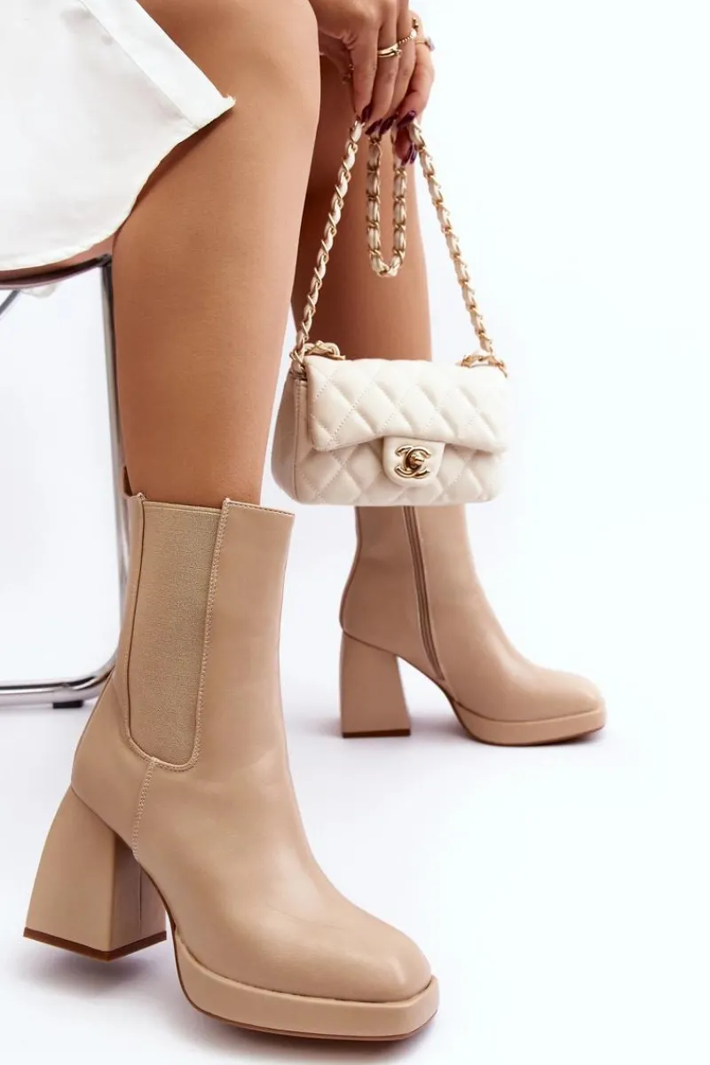 Hot Botki Damskie Na Platformie I Obcasie Beżowe Stelares Damskie Botki Ocieplane|Brązowe I Beżowe Botki