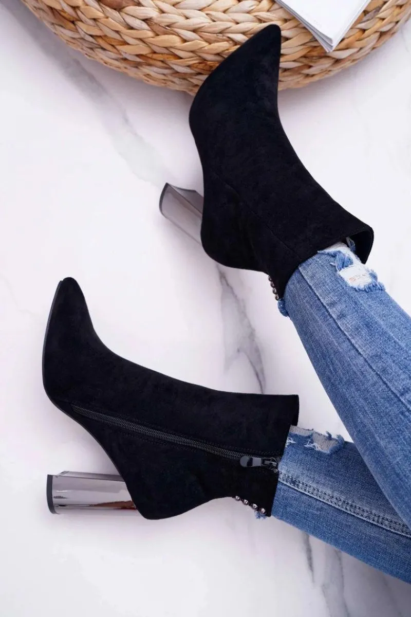 Botki Na Słupku|Botki Na Obcasie>Boto Botki Damskie Na Srebrnym Słupku Czarne Dimmy