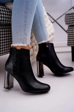 Outlet Boto Botki Damskie Na Srebrnym Słupku Czarne Peve