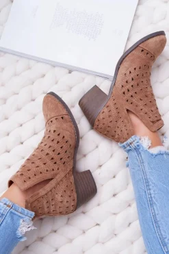 New Botki Damskie Na Słupku Ażurowe z Wycięciami Brązowe Mediolan Damskie Botki Na Słupku|Brązowe I Beżowe Botki