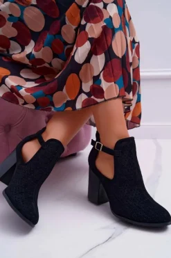 Botki Wiosenne|Botki Na Słupku>Boto Botki Damskie Na Słupku Ażurowe Z Wycięciami Czarne GoodDay