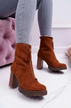 Botki Na Słupku|Brązowe I Beżowe Botki>Boto Botki Damskie Na Słupku Camel Frann