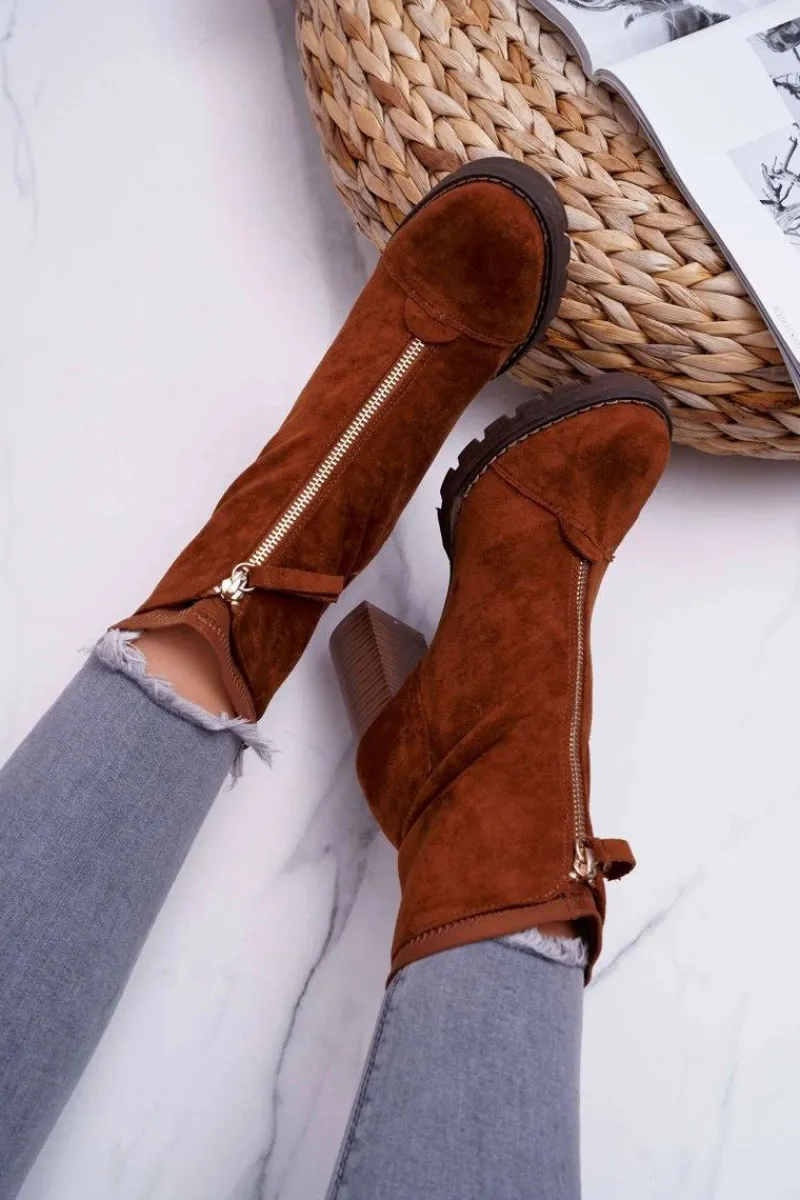 Botki Na Słupku|Brązowe I Beżowe Botki>Boto Botki Damskie Na Słupku Camel Frann