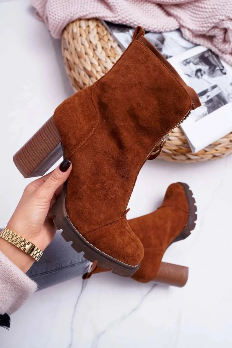 Botki Na Słupku|Brązowe I Beżowe Botki>Boto Botki Damskie Na Słupku Camel Frann