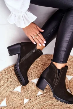 Sale Botki Damskie Na Słupku Ciepłe Khaki Veronica Damskie Botki Zimowe Damskie|Botki Na Obcasie