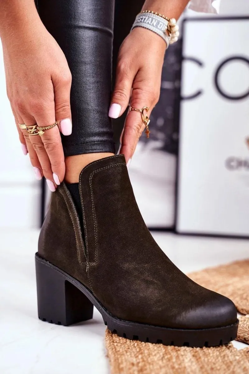 Sale Botki Damskie Na Słupku Ciepłe Khaki Veronica Damskie Botki Zimowe Damskie|Botki Na Obcasie