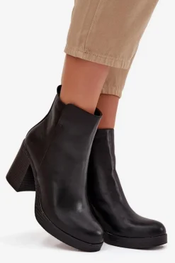Outlet Botki Damskie Na Słupku Czarne Ryselle Damskie Botki Skórzane|Botki Na Słupku