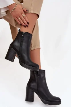 Outlet Botki Damskie Na Słupku Czarne Ryselle Damskie Botki Skórzane|Botki Na Słupku