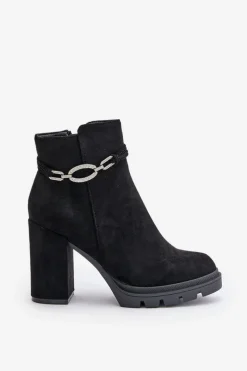 Best Boto Botki Damskie Na Słupku Eko Zamszowe Z Ozdobnym Paskiem Czarne Maivone Czarny