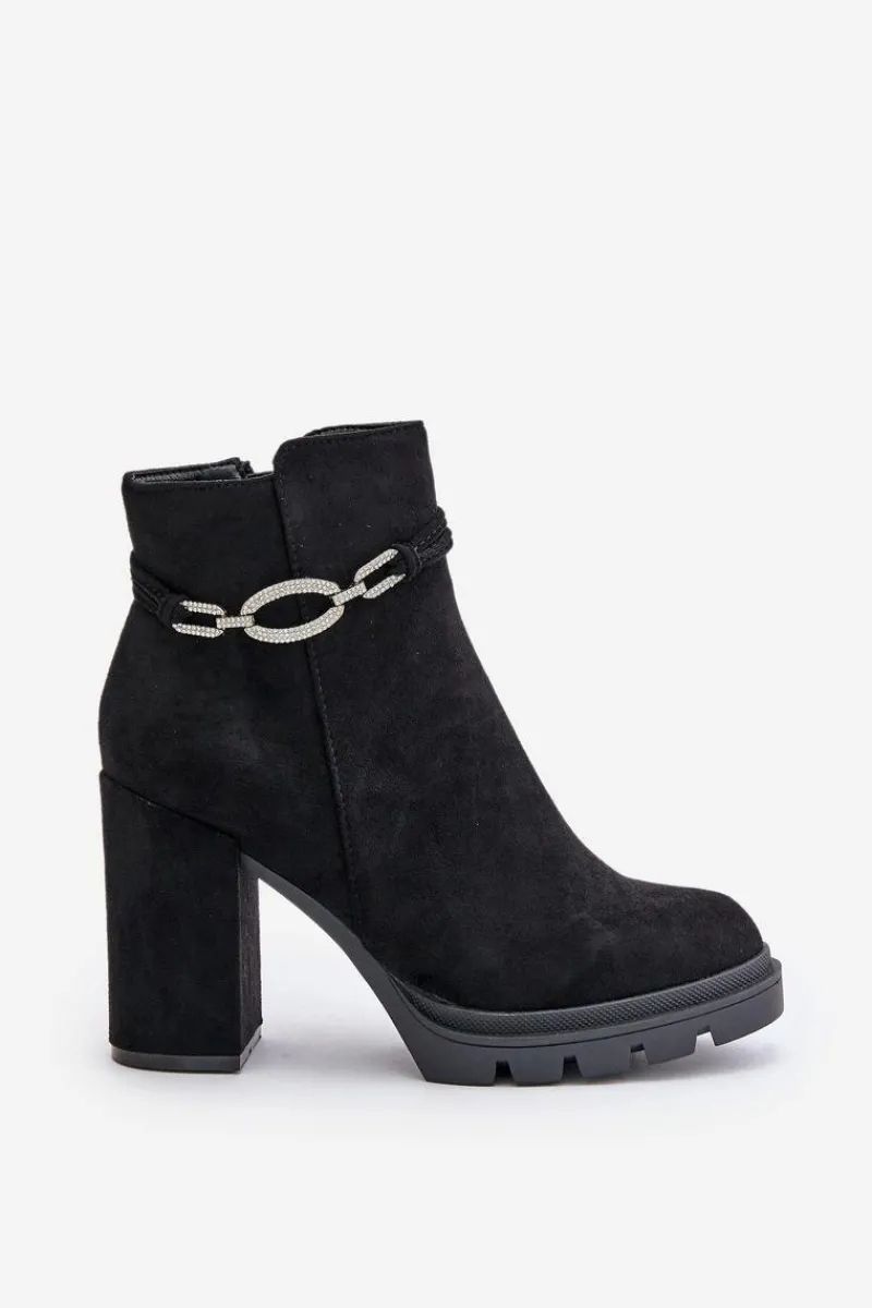 Best Boto Botki Damskie Na Słupku Eko Zamszowe Z Ozdobnym Paskiem Czarne Maivone Czarny