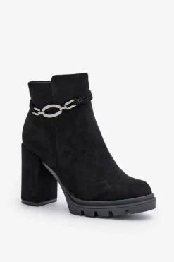 Best Boto Botki Damskie Na Słupku Eko Zamszowe Z Ozdobnym Paskiem Czarne Maivone Czarny