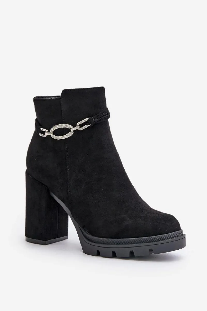 Best Boto Botki Damskie Na Słupku Eko Zamszowe Z Ozdobnym Paskiem Czarne Maivone Czarny