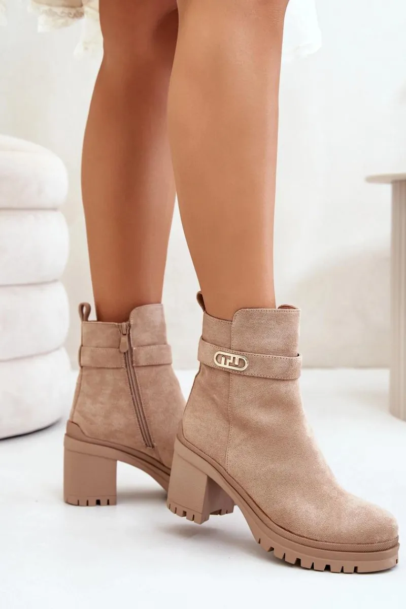 Best Boto Botki Damskie Na Słupku Eko Zamszowe Ocieplane Na Zamek Beżowe Laonora