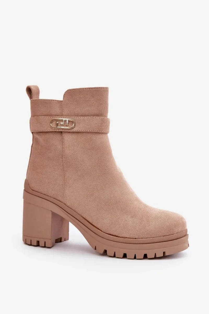 Best Boto Botki Damskie Na Słupku Eko Zamszowe Ocieplane Na Zamek Beżowe Laonora