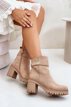 Best Boto Botki Damskie Na Słupku Eko Zamszowe Ocieplane Na Zamek Beżowe Laonora