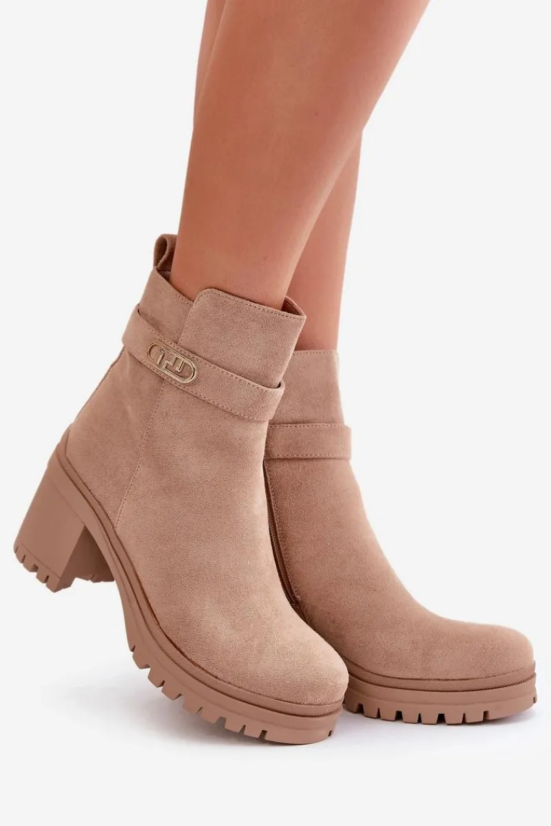 Best Boto Botki Damskie Na Słupku Eko Zamszowe Ocieplane Na Zamek Beżowe Laonora