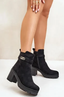 Hot Botki Damskie Na Słupku Eko Zamszowe Ocieplane Na Zamek Czarne Laonora Damskie Botki Na Słupku|Czarne Botki