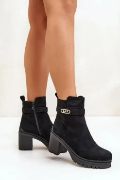 Hot Botki Damskie Na Słupku Eko Zamszowe Ocieplane Na Zamek Czarne Laonora Damskie Botki Na Słupku|Czarne Botki