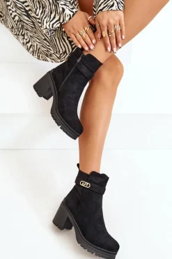 Hot Botki Damskie Na Słupku Eko Zamszowe Ocieplane Na Zamek Czarne Laonora Damskie Botki Na Słupku|Czarne Botki