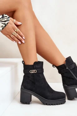 Hot Botki Damskie Na Słupku Eko Zamszowe Ocieplane Na Zamek Czarne Laonora Damskie Botki Na Słupku|Czarne Botki