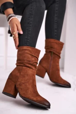 Hot Botki Damskie Na Słupku Eko-Zamsz Camel Up Side Damskie Botki Na Słupku|Czarne Botki