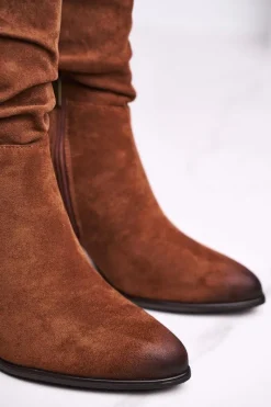 Hot Botki Damskie Na Słupku Eko-Zamsz Camel Up Side Damskie Botki Na Słupku|Czarne Botki