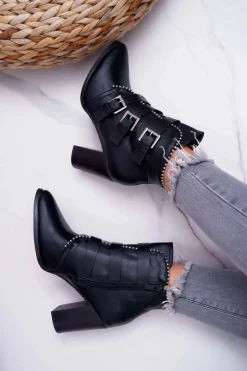 Botki Damskie Na Słupku Klamry Czarne Finbas Damskie Botki Na Słupku|Botki Zimowe Damskie