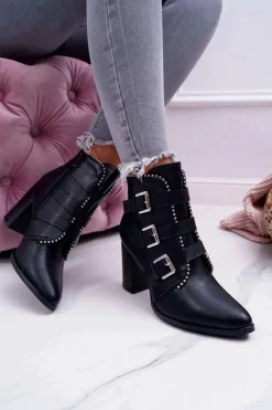 Botki Damskie Na Słupku Klamry Czarne Finbas Damskie Botki Na Słupku|Botki Zimowe Damskie