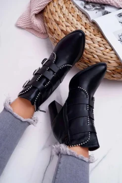 Botki Damskie Na Słupku Klamry Czarne Finbas Damskie Botki Na Słupku|Botki Zimowe Damskie