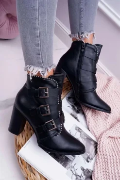 Botki Damskie Na Słupku Klamry Czarne Finbas Damskie Botki Na Słupku|Botki Zimowe Damskie