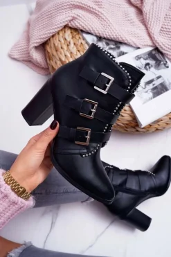 Botki Damskie Na Słupku Klamry Czarne Finbas Damskie Botki Na Słupku|Botki Zimowe Damskie