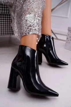 Botki Na Słupku|Botki Zimowe Damskie>Boto Botki Damskie Na Słupku Lakierowane Czarne Ferty